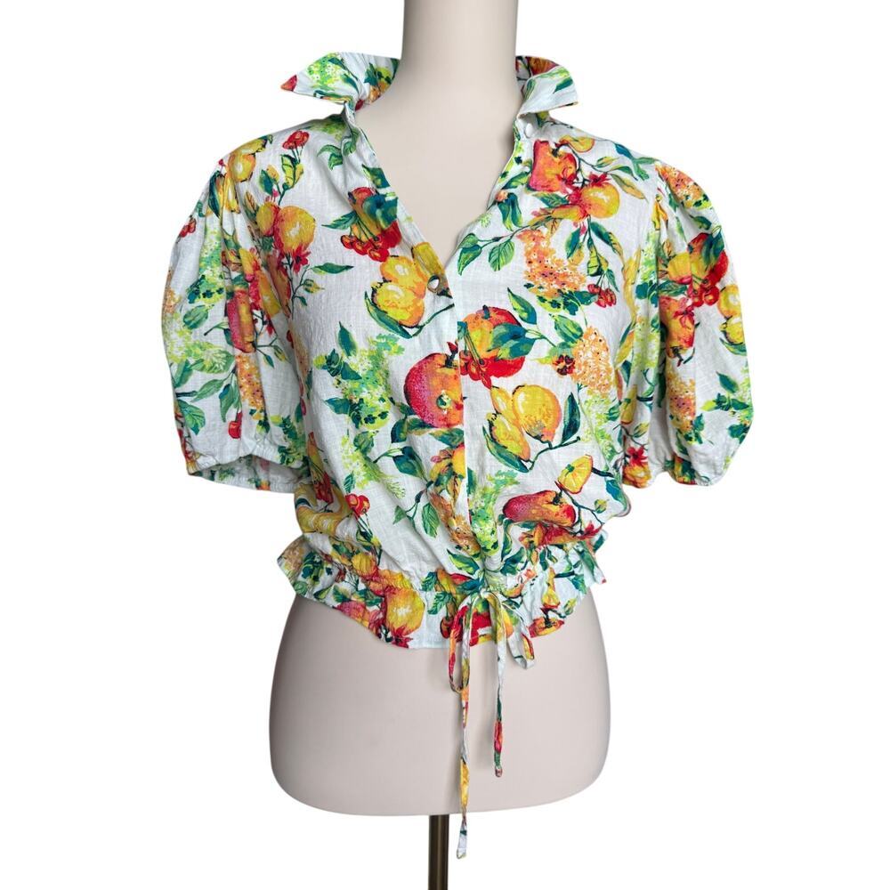 LC Lauren Conrad Fruit Print Tie Front Crop Blouse XL Cottagecore